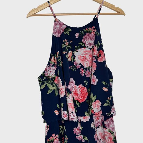 Lulus In the Garden Floral Romper XL Navy Blue Halter High Neck Garden Party - Picture 3 of 11
